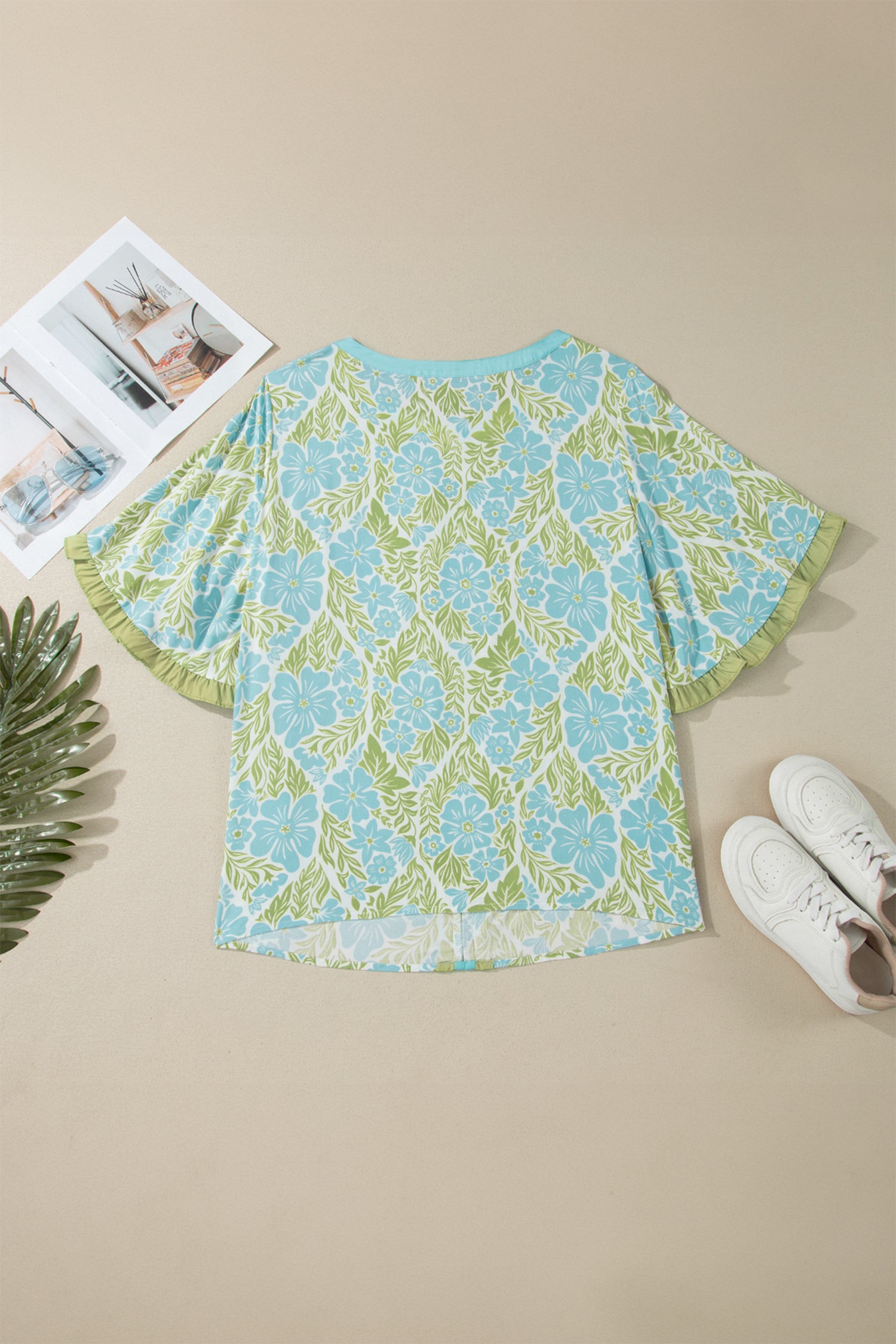 Plus Size Floral Blouse – Sky Blue Frilled Sleeve Color Block Trim Top Dear-Lover Dropshipping Plus Size/Plus Size Tops/Plus Size Blouses & Shirts
