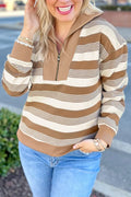 Khaki Striped Zipper Collar Pullover Sweatshirt Khaki Stripe 70%Cotton+30%Polyester Shewin Sweatshirts & Hoodies