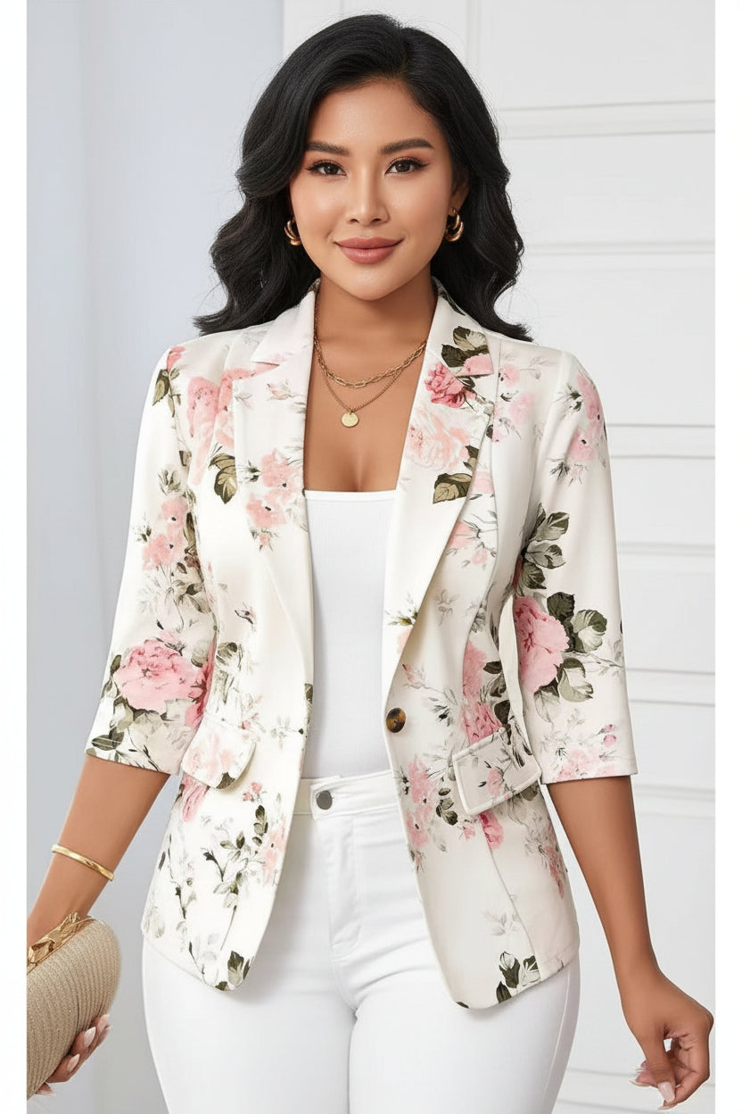 Retro 3/4 Sleeve Rose Print Blazer Pink CJ Dropshipping Classic Floral Blazer