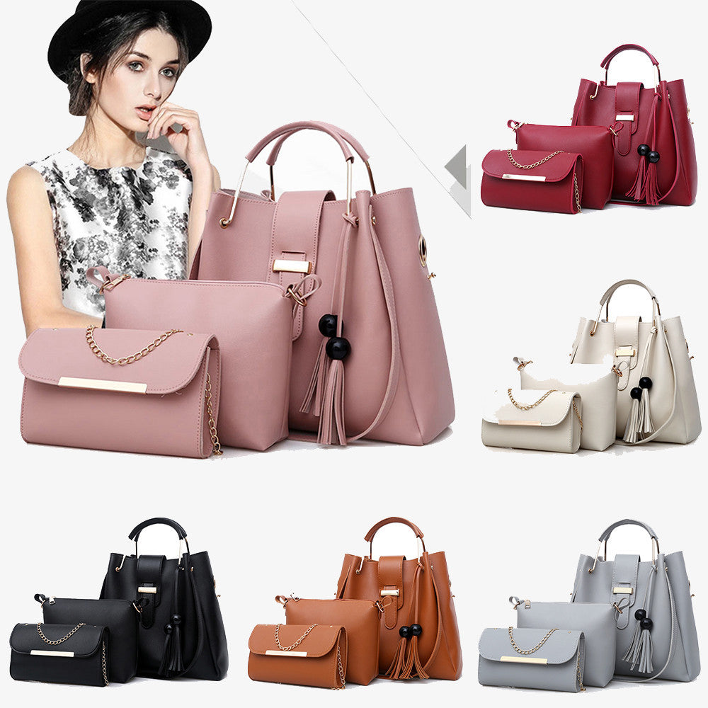 Collage of various handbags in different colors with a woman holding a pink handbag.