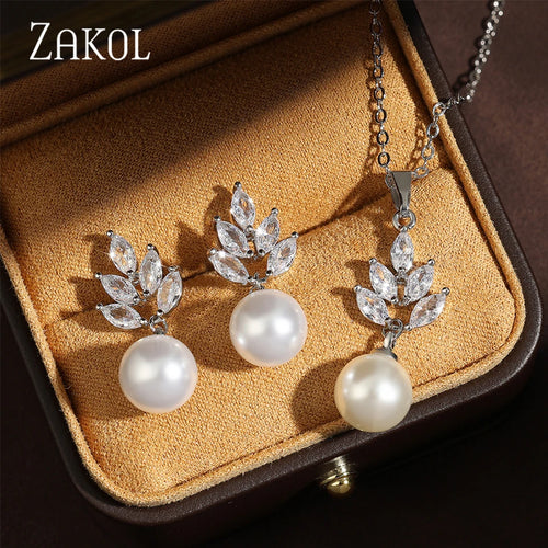 Luxury CZ Zirconia Simulated Pearl Drop Earrings Pendant Necklace Exquisite Crystal Wedding Jewelry for Elegant Women Bazaare Mart