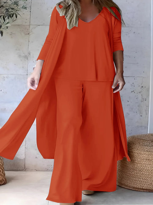 Billowy Plus Size 3pcs Pants Set Bazaare Mart 3pcs Solid Color Duster with Wide Leg Pants