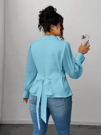 Mesh Semi-Sheer Wrap Button-Front Long Sleeve Blouse Bazaare Mart Mesh Wrap Long Sleeve Blouse