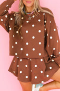 Brown Polka Dot Raw Hem Relaxed Pullover Loose Skort Two Piece Set