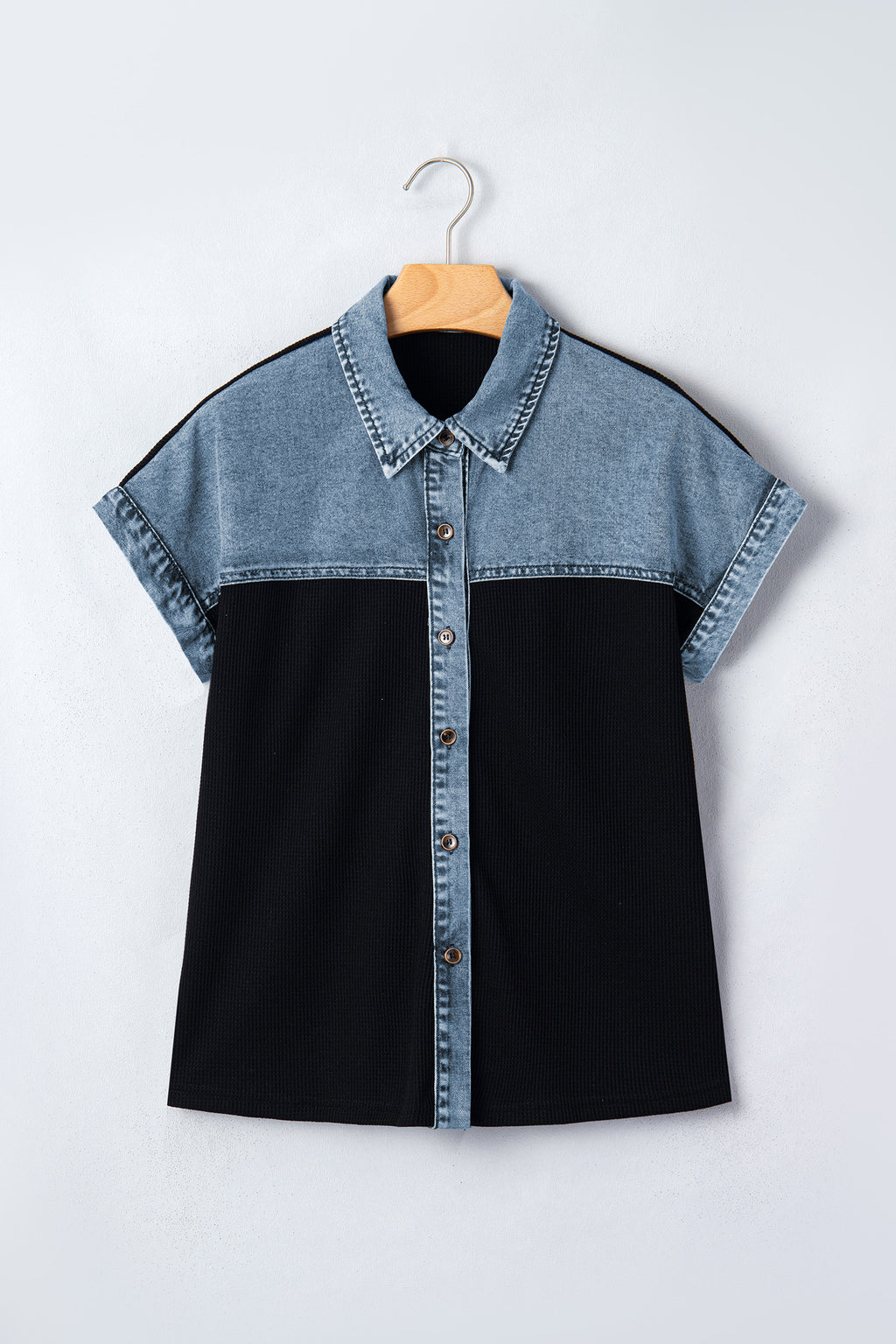 Black Textured Knit Denim Color Block Patchwork Collar Button Down Shirt Dear-Lover Dropshipping Tops/Blouses & Shirts