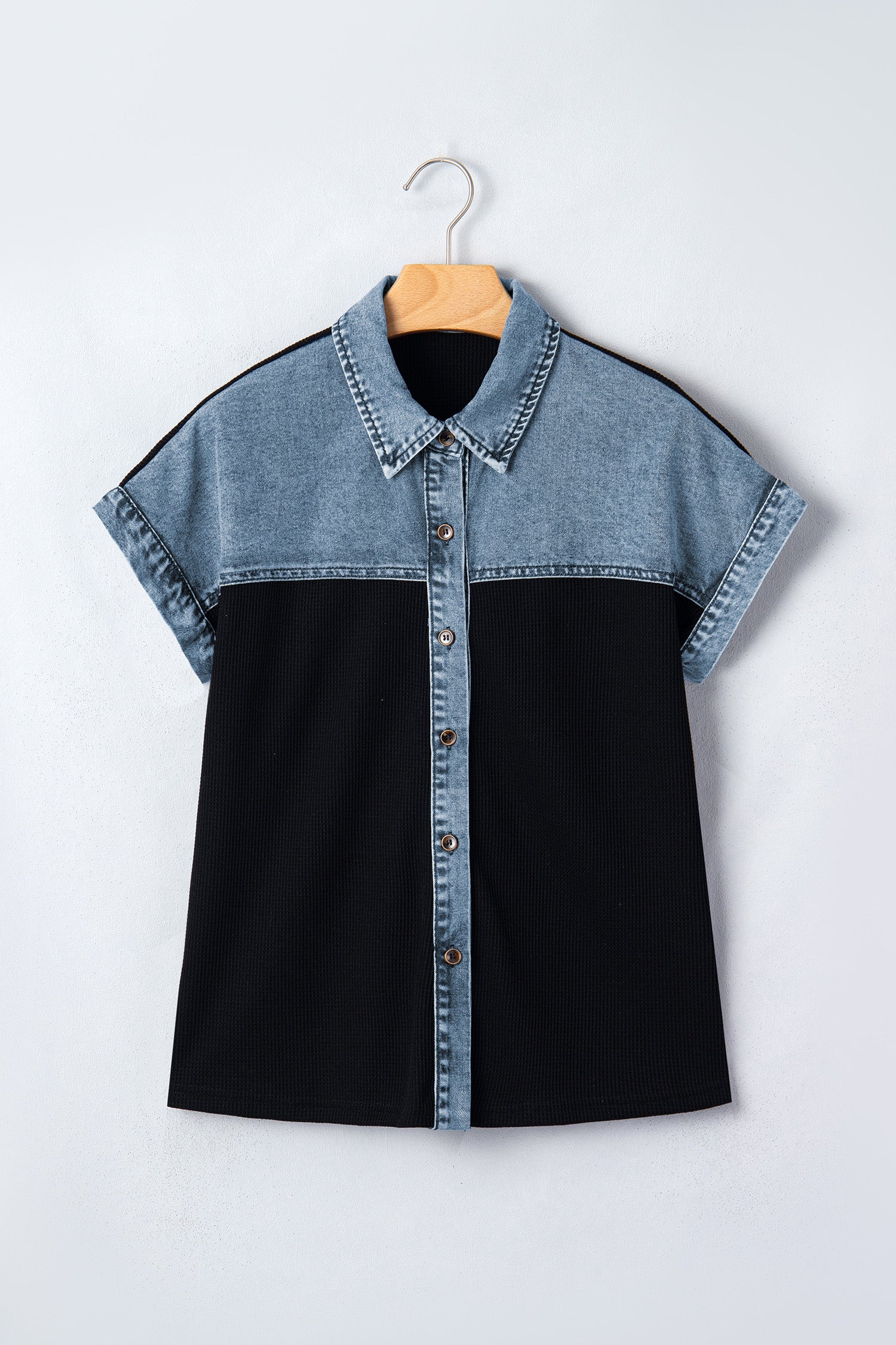 Black Textured Knit Denim Color Block Patchwork Collar Button Down Shirt Dear-Lover Dropshipping Tops/Blouses & Shirts