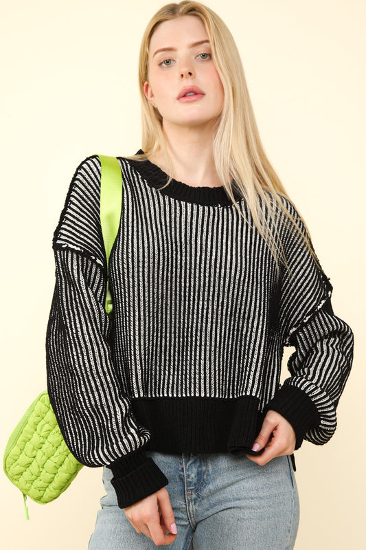 Black Cropped Striped Slit Sweater