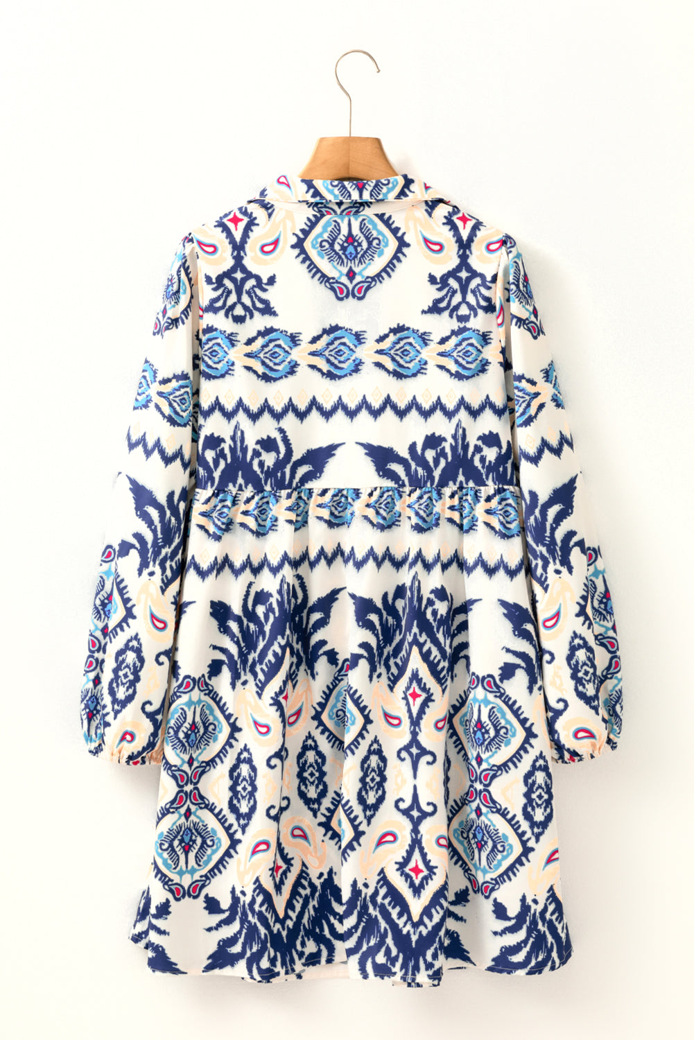 Blue Ethnic Print Mini Dress – Striped Split Neck Long Sleeve Flowy Dress Dear-Lover Dropshipping Dresses/Mini Dresses