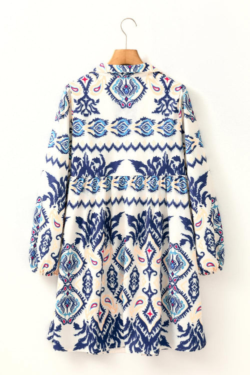 Blue Ethnic Print Mini Dress – Striped Split Neck Long Sleeve Flowy Dress Dear-Lover Dropshipping Dresses/Mini Dresses