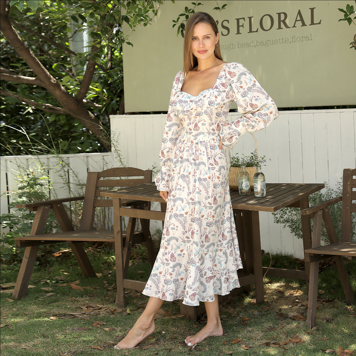 Floral Sweetheart Neck Long Puff Ruffle Sleeve Midi Dress