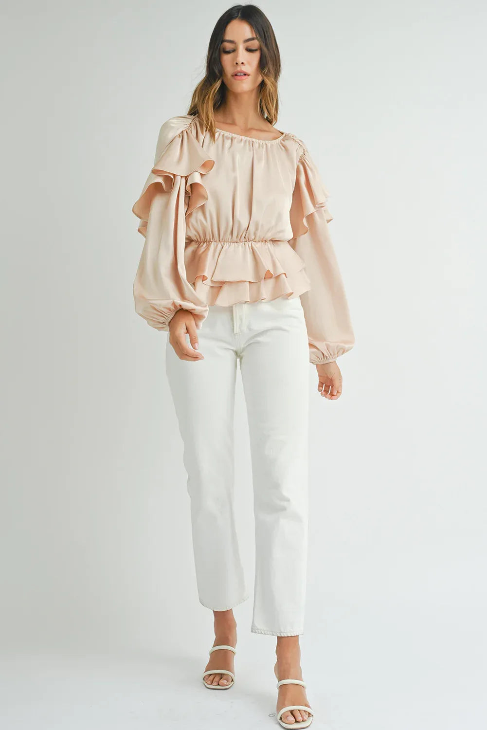 Oatmeal Ruffled Peplum Blouse Bazaare Mart Tops/Blouses & Shirts
