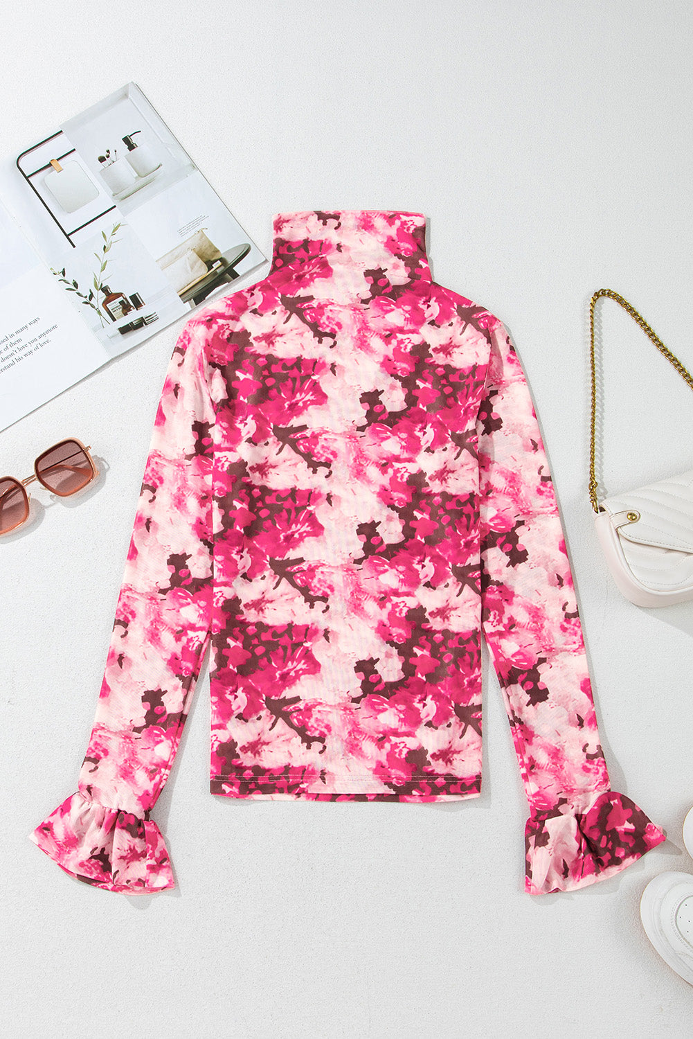 Floral Mesh Ruffle Sleeve Mock Neck Blouse