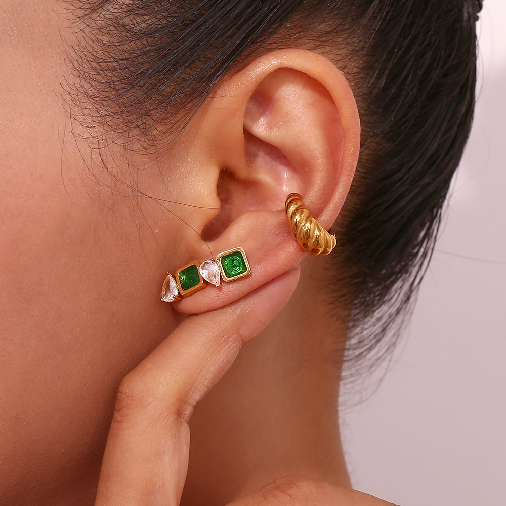 Gold Square Green Zirconium Earrings