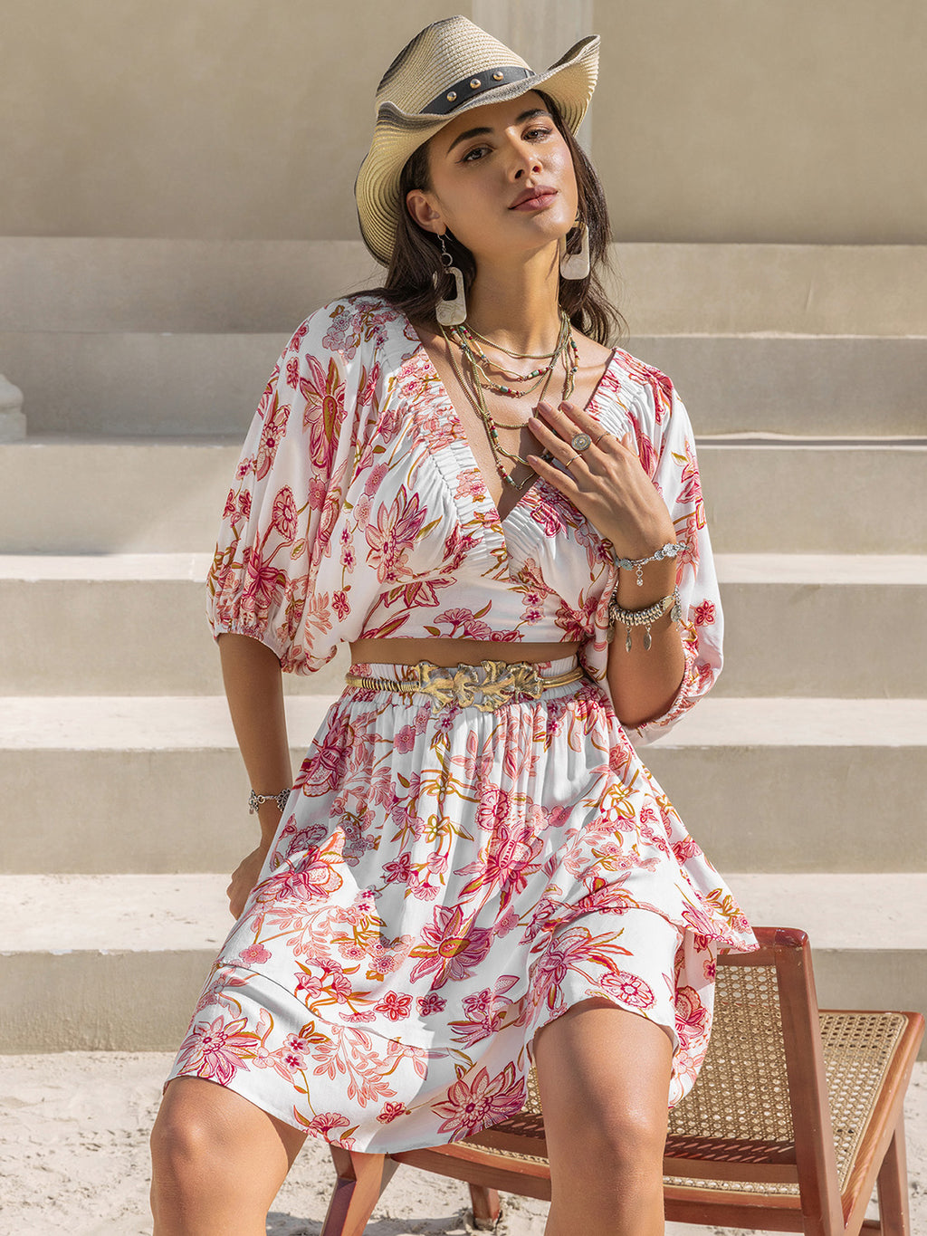 White & Red Floral Layered Skirt Set