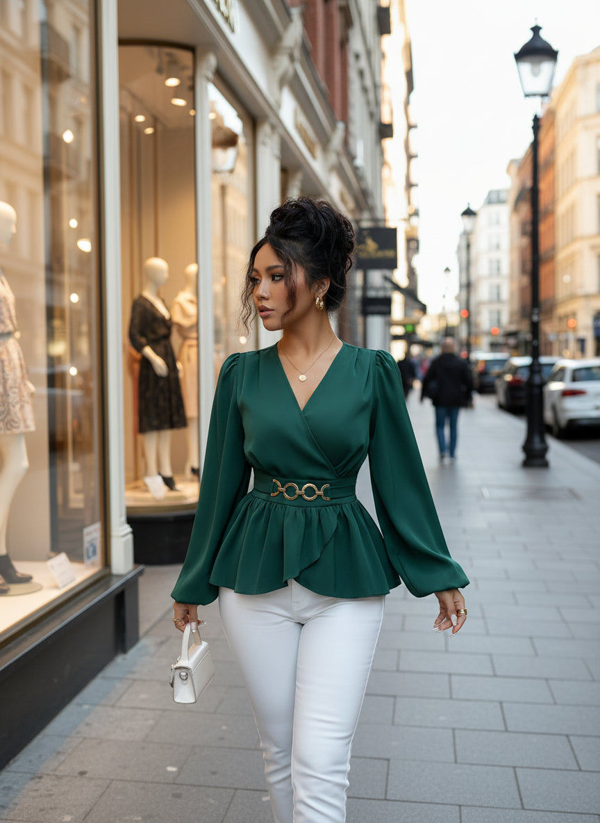 Dark Green V-Neck Long Bishop Sleeve Peplum Blouse