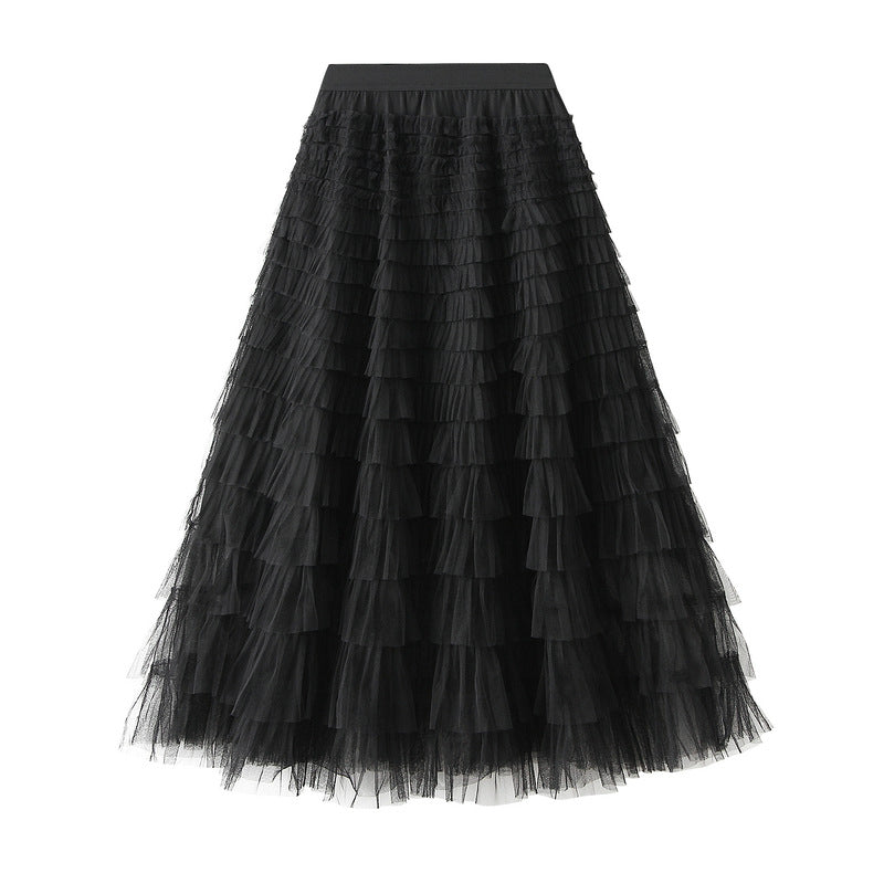 Mesh Ruffle Midi Skirt