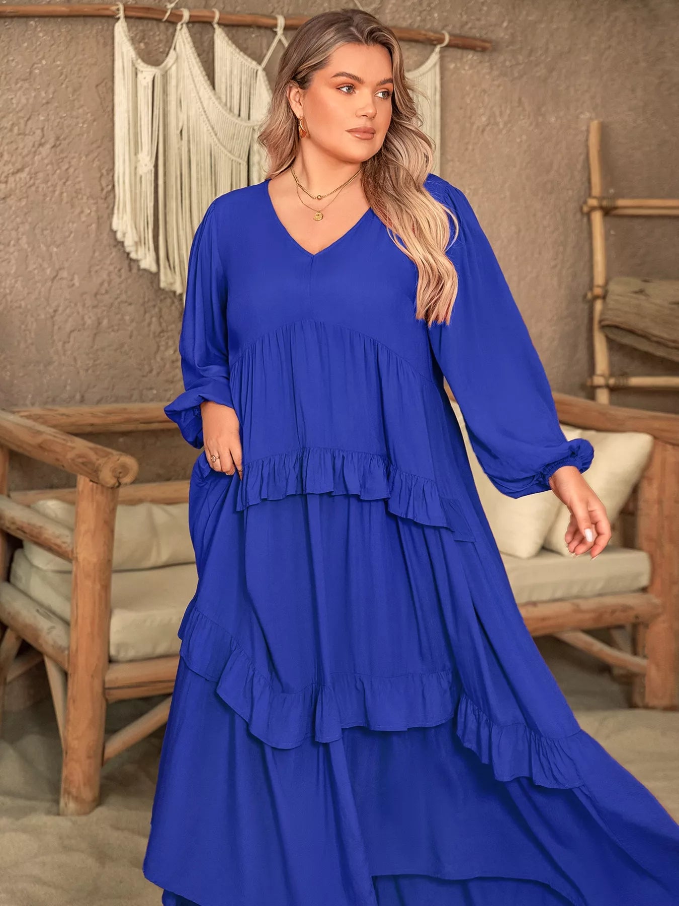 Royal Plus Size Long Balloon Sleeve Ruffle Tiered Flowy Dress Bazaare Mart Balloon Sleeve Ruffle Tiered Midi Dress