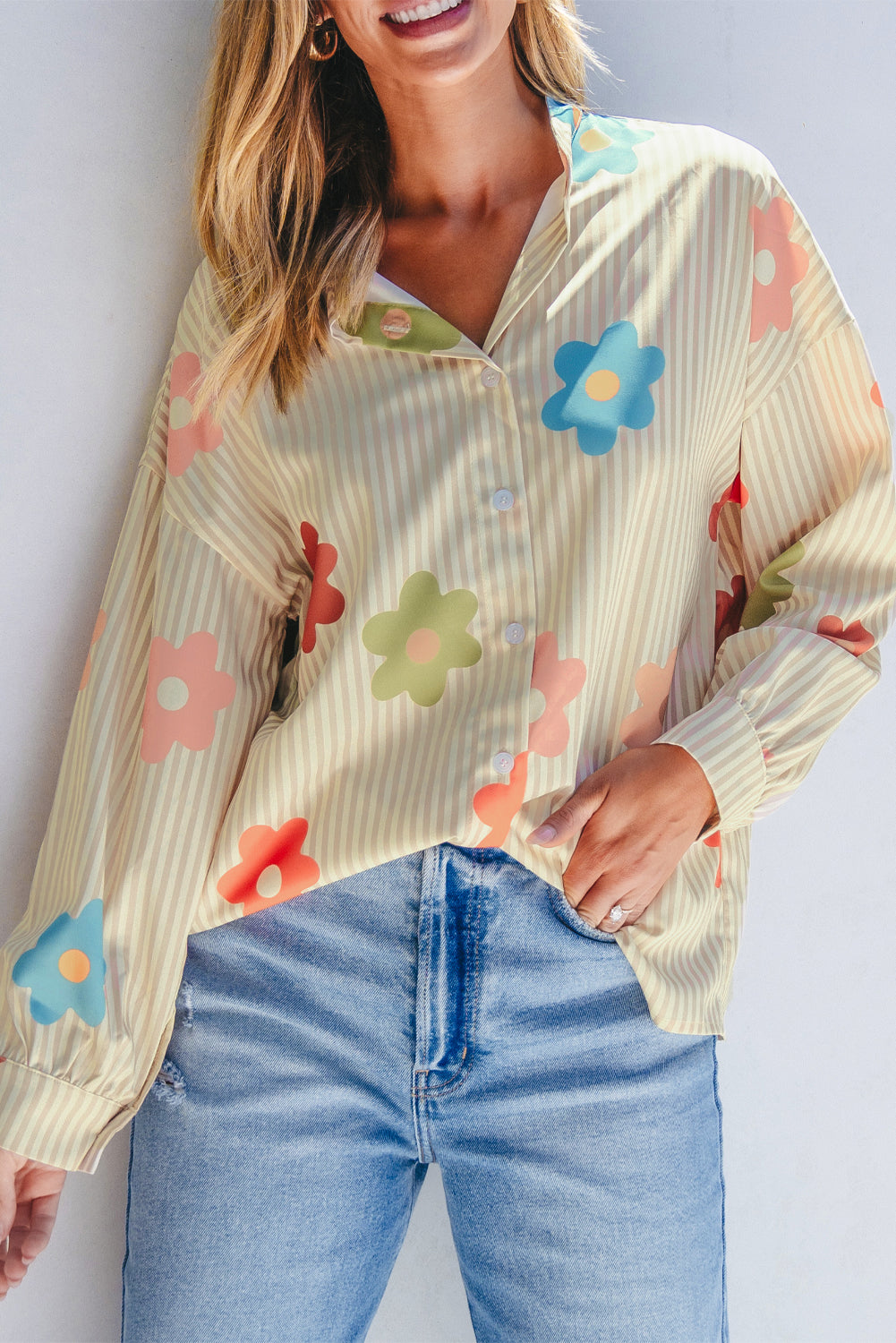 Apricot Stripe Flower Print Collarless Button-up Loose Fit Shirt