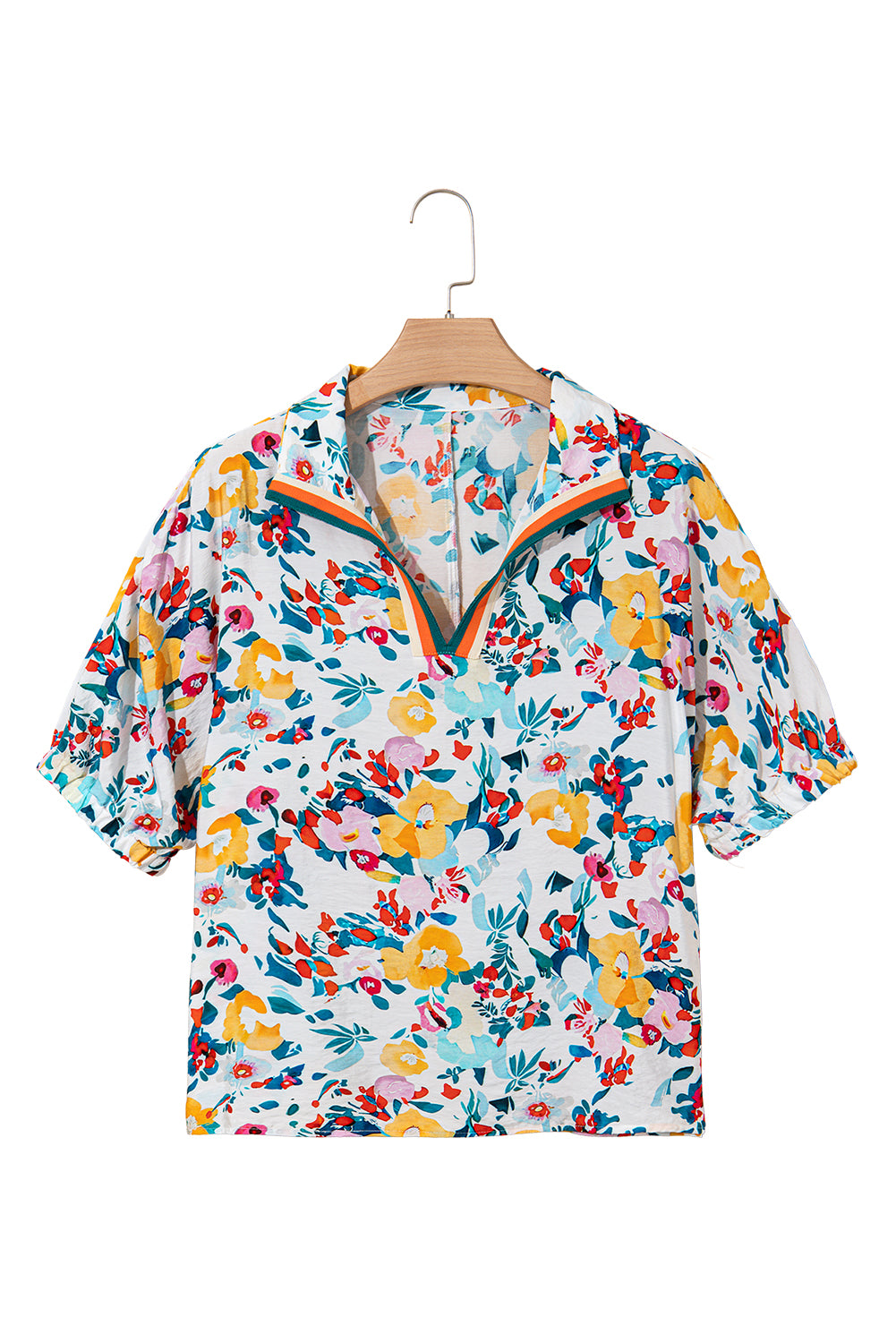 Colorful Floral Print Boho Pop of Color Neckline Blouse Shewin Blouses