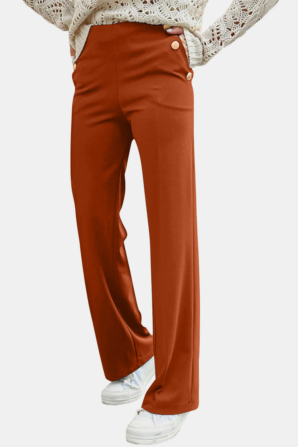 Decorative Side Button High Rise Pants