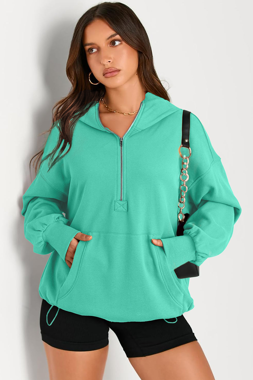 Teal Half Zipper Oversized Hoodie