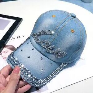 Distressed Denim Rhinestone Baseball Cap