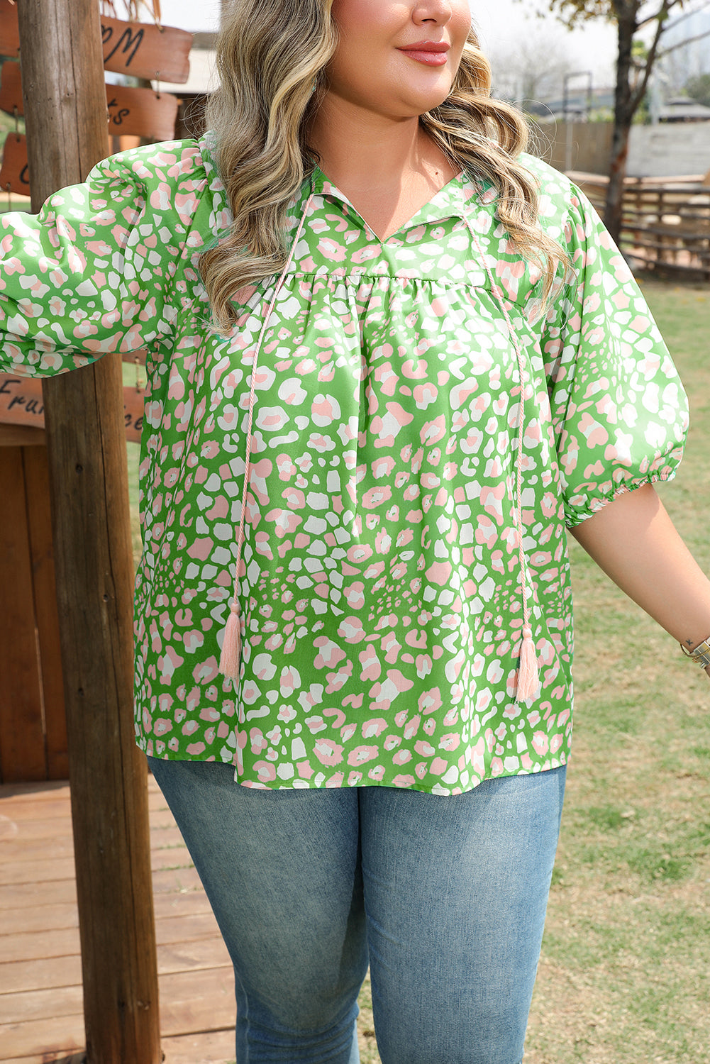 Green Plus Size Tassel Tie Split Neck Puff Sleeve Blouse Dear-Lover Dropshipping Plus Size/Plus Size Tops/Plus Size Blouses & Shirts