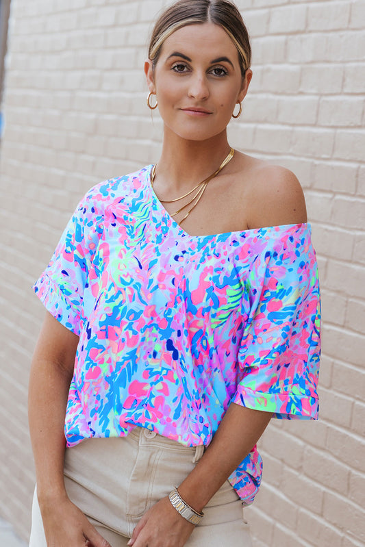 Multicolor Printed 3/4 Sleeve Split Neck Plus Size Tunic Top