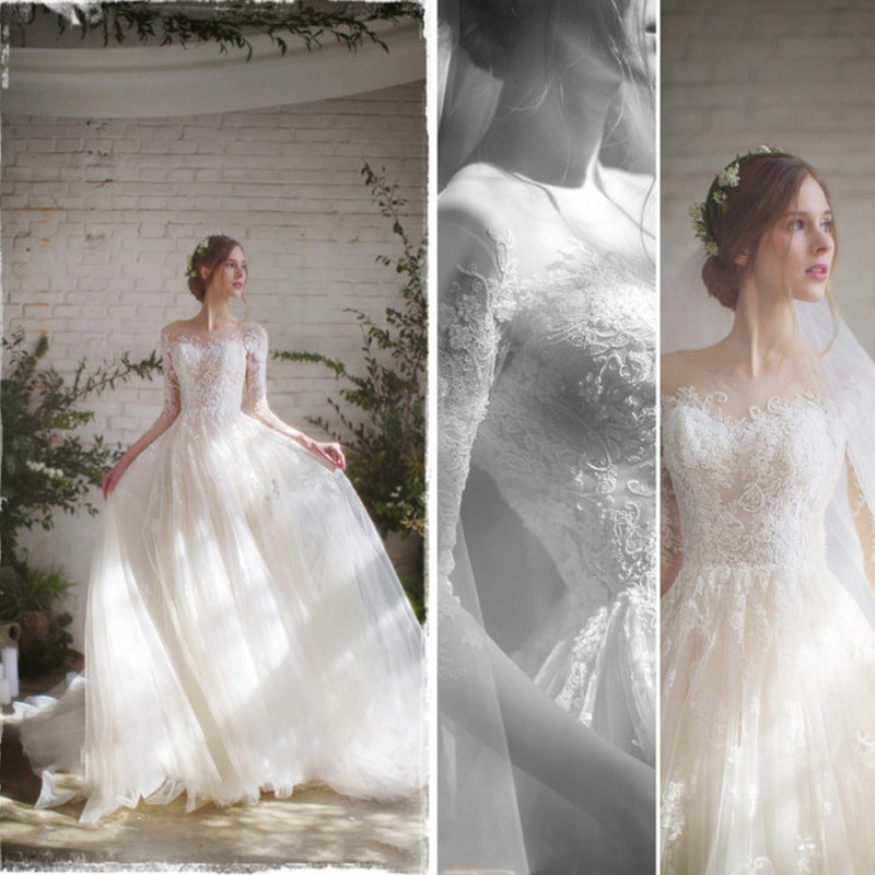 Off Shoulder 3/4 Lace Sleeve Formal Wedding Gown