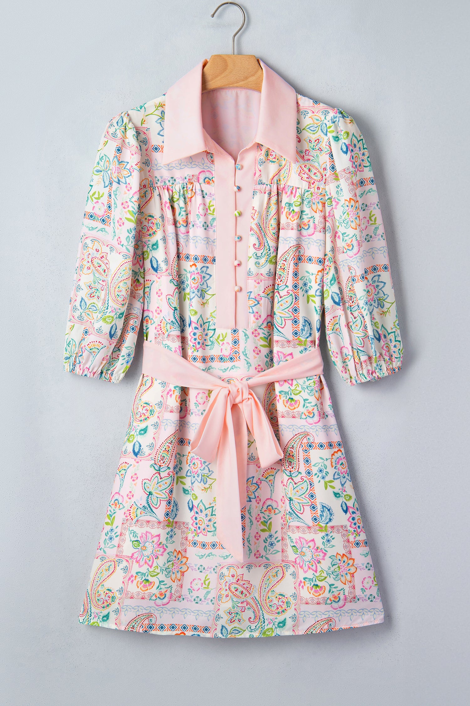 Pink Pastel Patchwork Mini Dress – Half Button Belted Color Block Dress