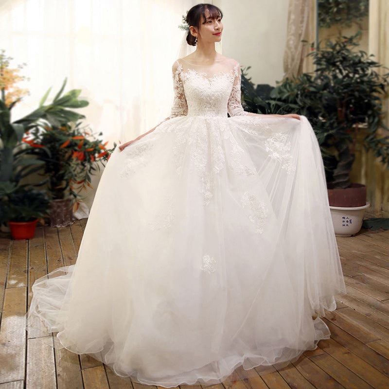 Off Shoulder 3/4 Lace Sleeve Formal Wedding Gown
