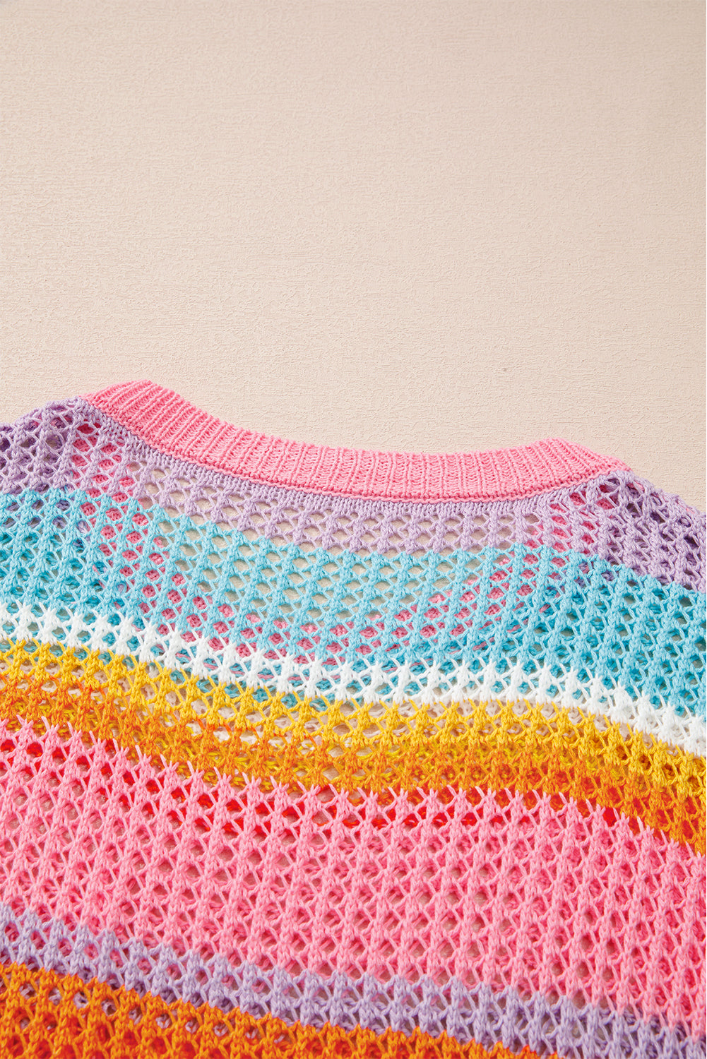 Pastel Stripe Open Knit Patch Pocket Half Sleeve Sweater