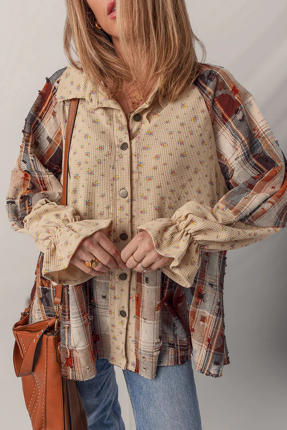 Corduroy Boho Floral Patchwork Distressed Detail Ruffled Sleeve Blouse Bazaare Mart Outerwear/Plaid Shackets