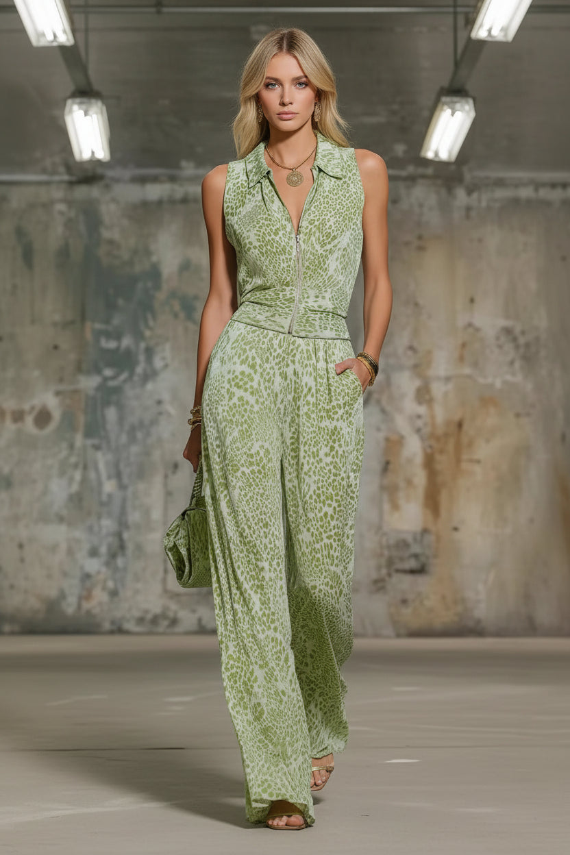 Cool Printed Zip-Up Sleeveless Top & Matching Wide Leg Pants Set CJ Dropshipping Solid Color Jumpsuit