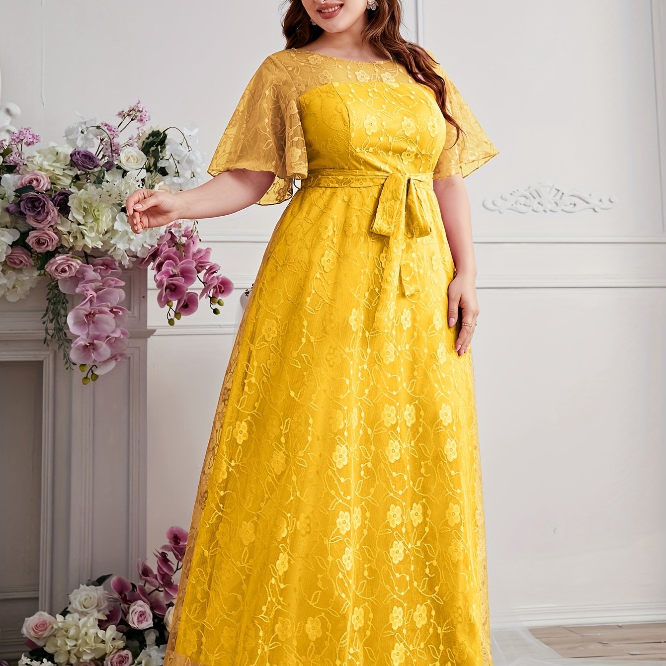 Elegant High Waist Lace Round Neck Half Flutter Sleeve Solid Color Formal Floor Length Dress