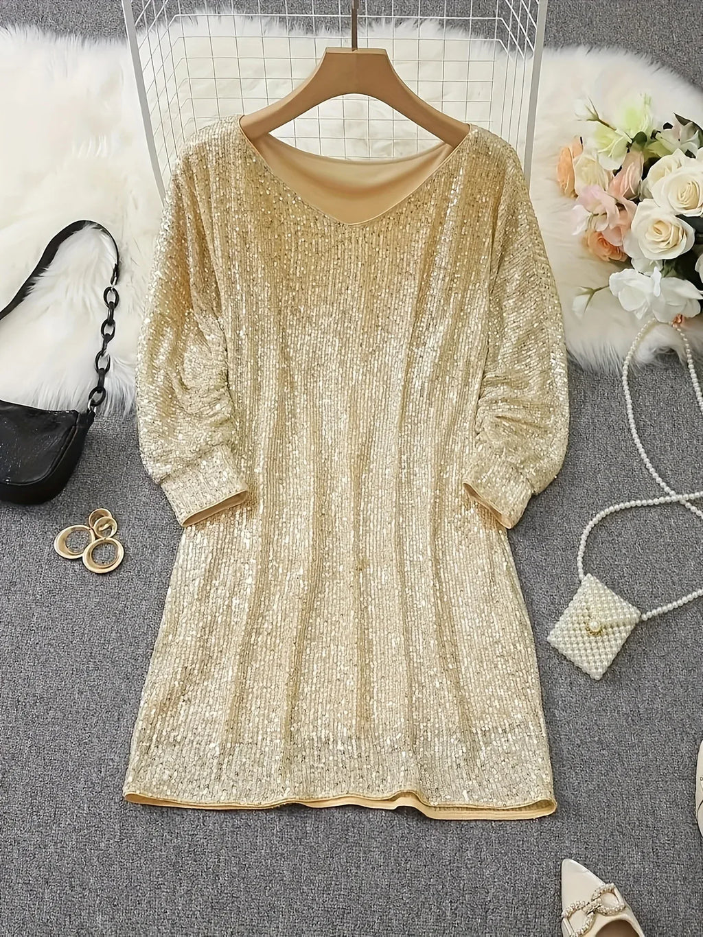 Gold Sequin Bodycon V-Neck Long Sleeve Dress Bazaare Mart Gold Sequin Off Shoulder Dress