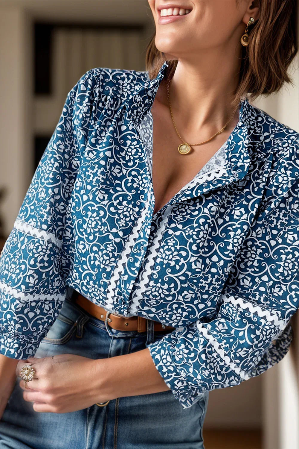 Printed Mock Neck Long Sleeve Blouse Peacock Blue Bazarre Mart Blue Floral Blouse