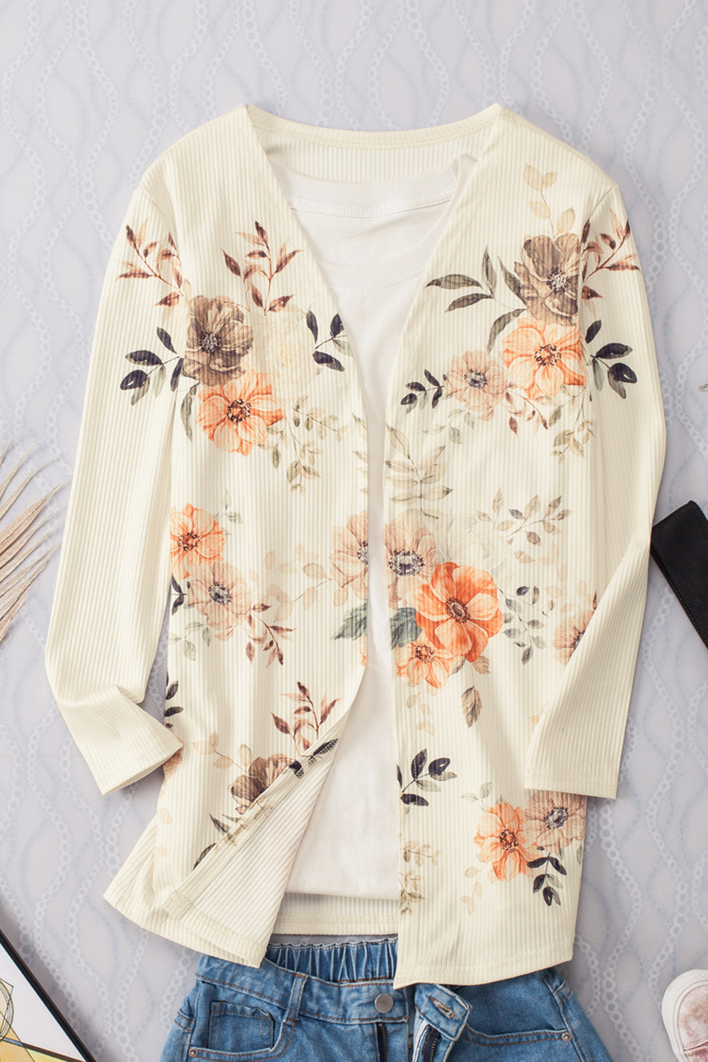 Apricot Open Front Floral Cardigan