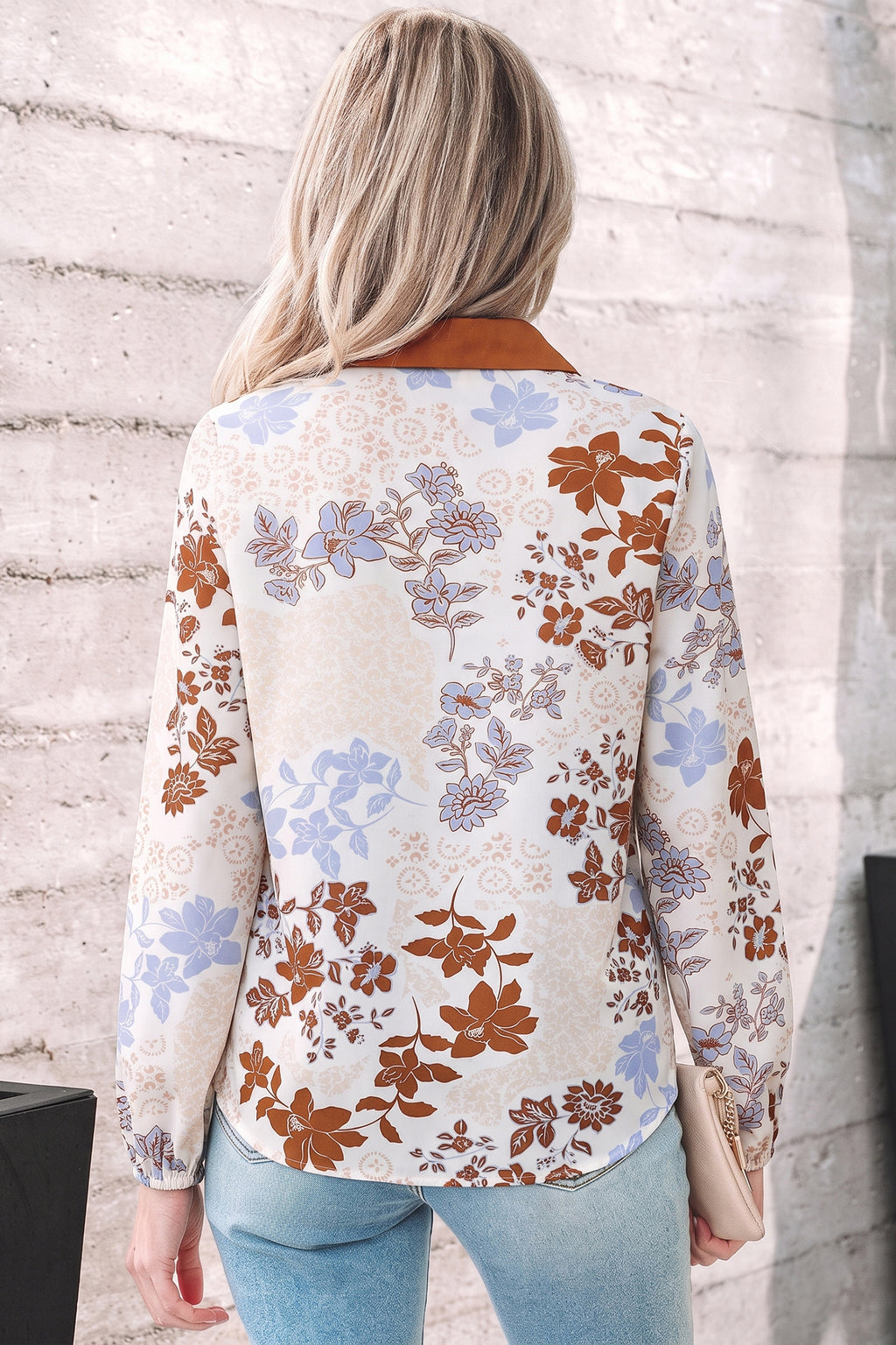 Blue & Brown Floral Collared Colorblock V Neck Long Sleeve Blouse