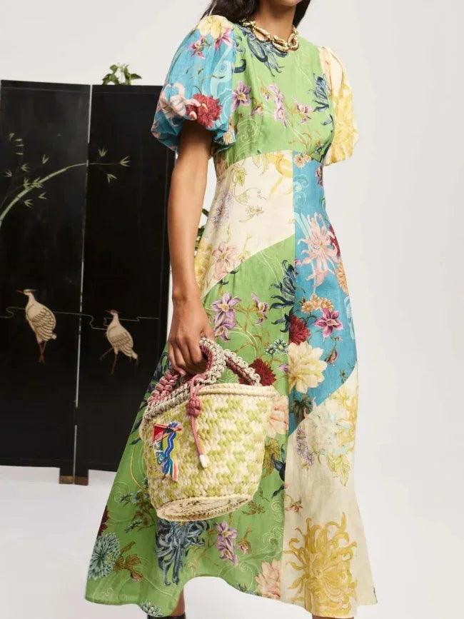 Green & Yellow Patchwork Puff Sleeve Midi Dress Bazaare Mart Floral Patch Midi Dress
