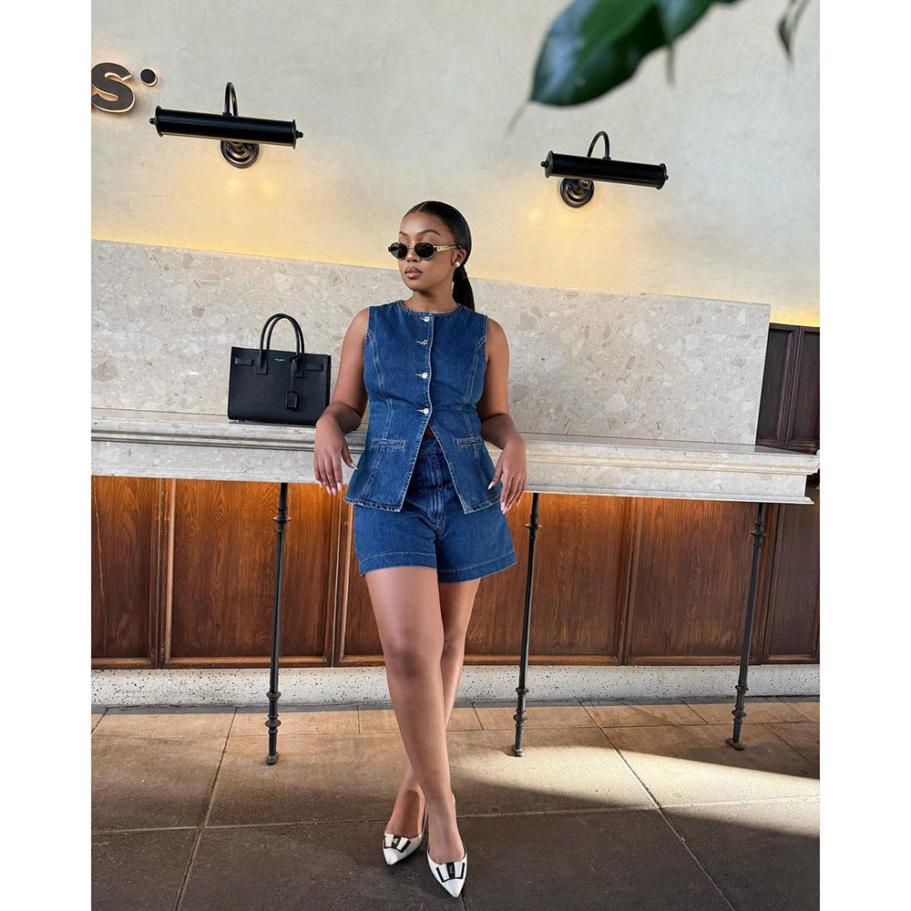 Women’s Sleeveless Denim-Inspired Top & Shorts Set – Casual 2-Piece Outfit Dark Blue CJ Dropshipping Button Up Sleeveless Denim Shorts Set