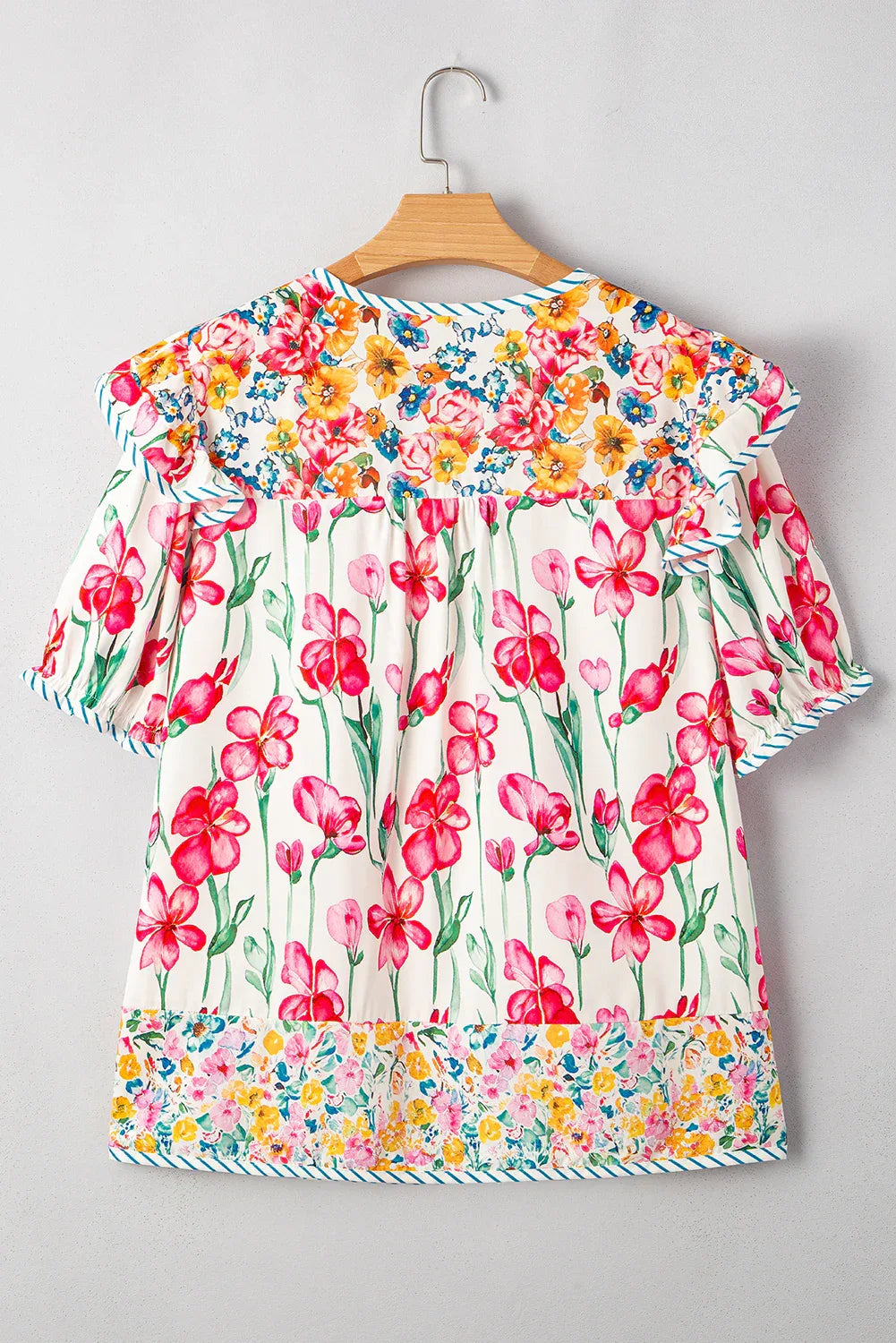 Pink Plus Size Floral Print Striped Trim V Neck Blouse Dear-Lover Dropshipping Plus Size/Plus Size Tops/Plus Size Blouses & Shirts