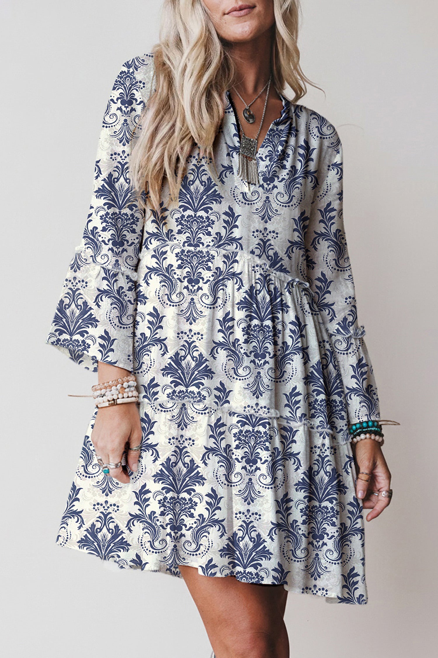 Sky Blue Boho Floral Print Lettuce Trim 3/4 Sleeve Mini Dress Bazaare Mart Dresses/Floral Dresses