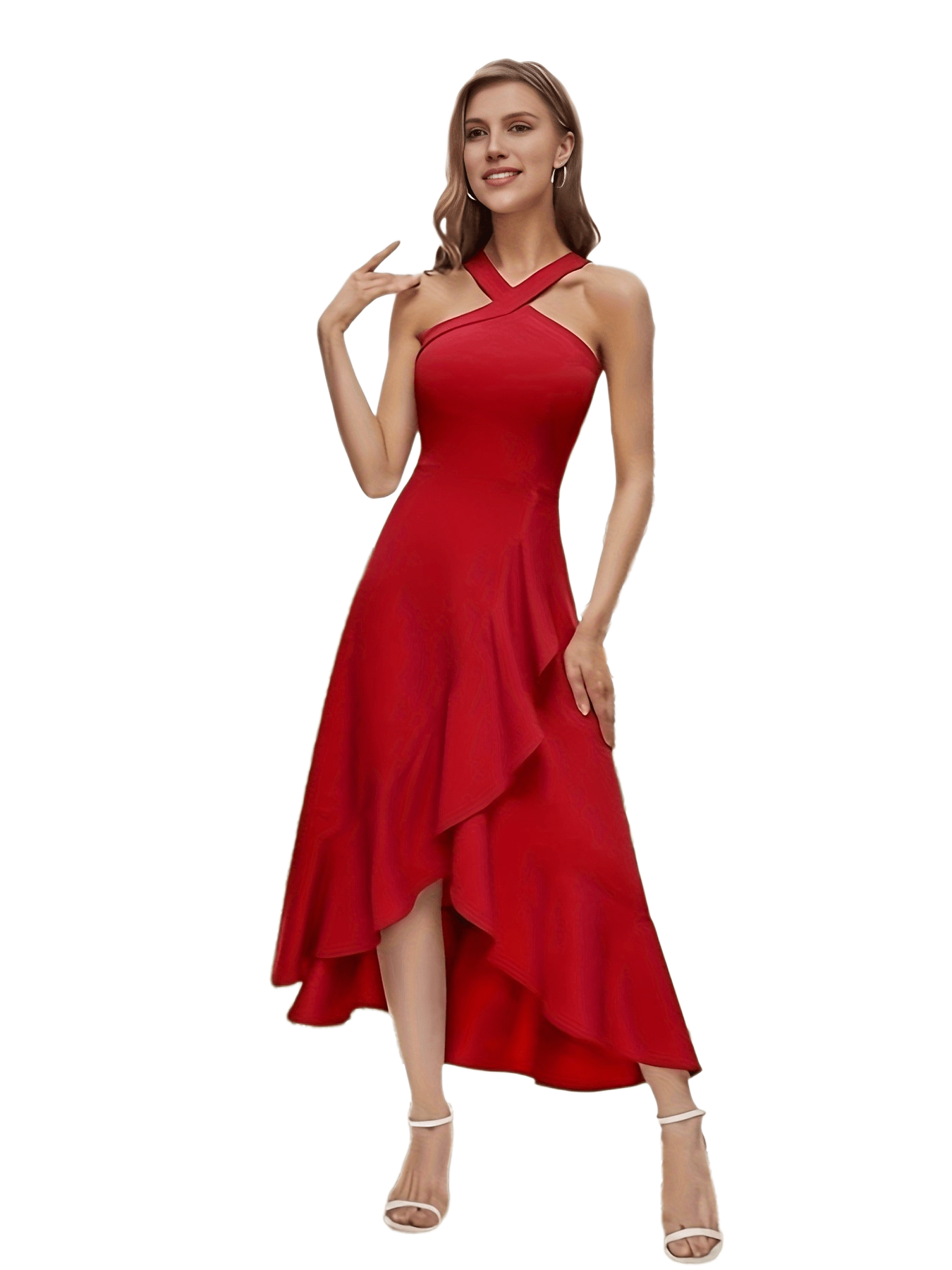 Asymmetric Wrap Ruffle Sleeveless V-Neck Bridesmaid Dress`