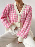Houndstooth V-Neck Button Up Cardigan Dusty Pink Trendsi Houndstooth Crop Cardigan