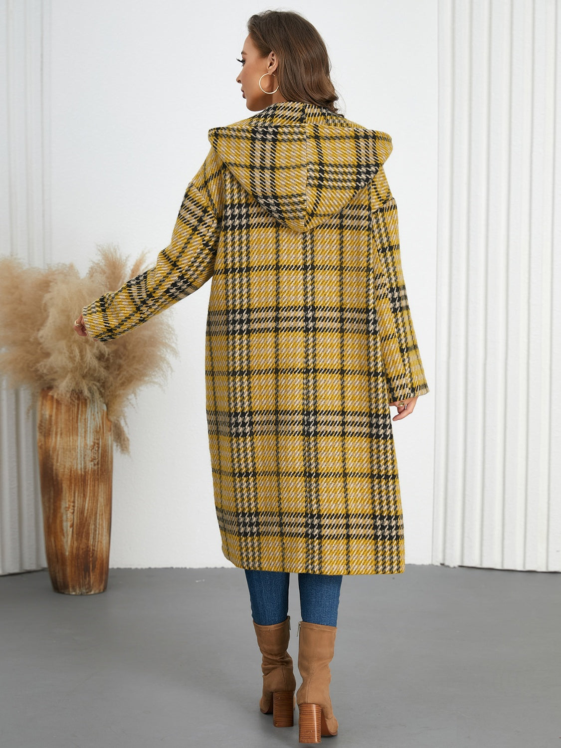 Plaid Double-Breasted Hooded Dress Coat