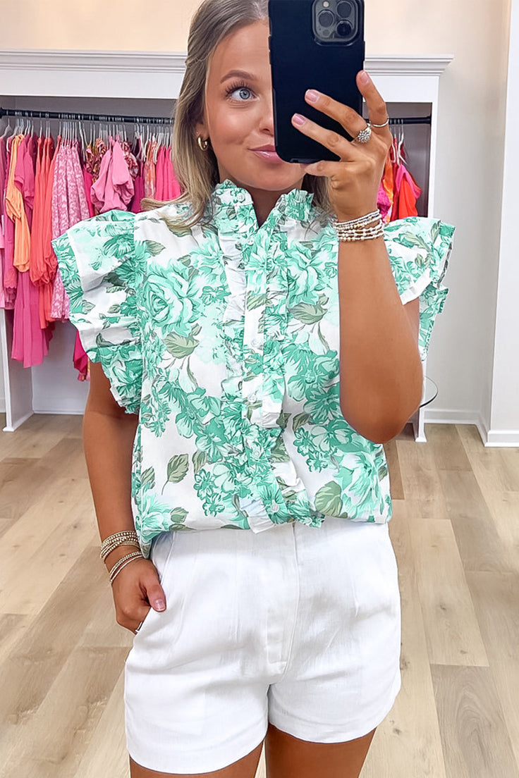 Floral Print Flutter Sleeve Frill Blouse Shewin Blouses