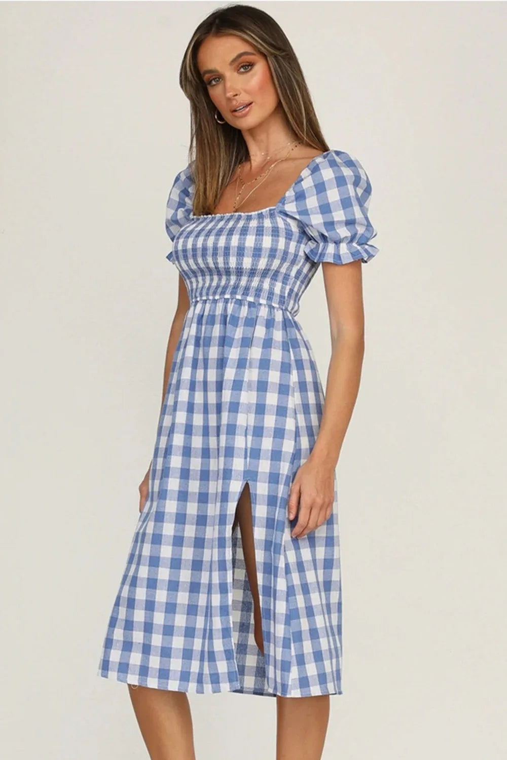 Plaid Short Sleeve Midi Dress Trendsi Plaid Short Sleeve Midi Dress