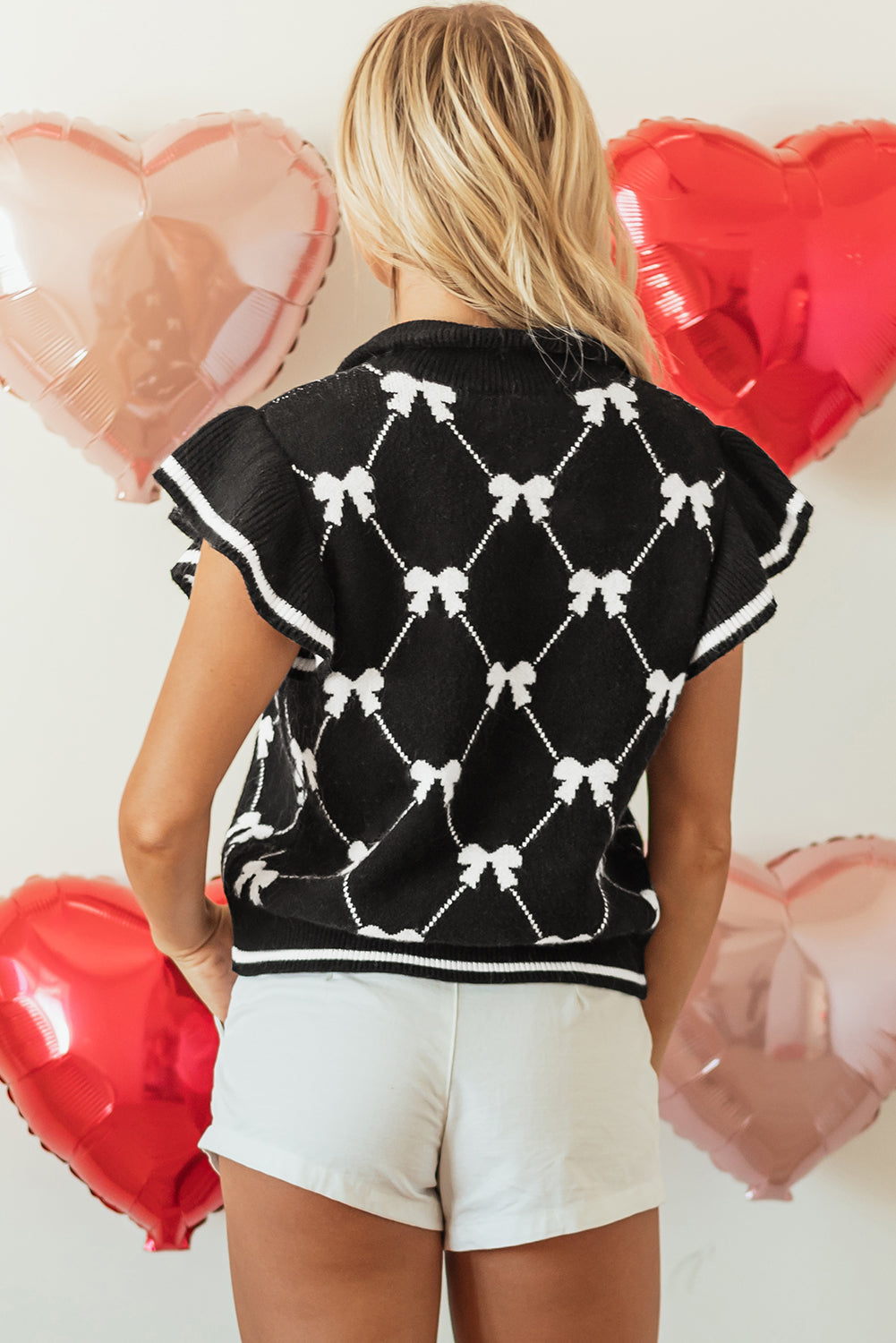 Black Preppy Vibes Bow Print Zipped Collar Short Flutter Sleeves Sweater