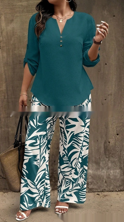 Ladies V-neck Shirt with Tropical Printed Pants 18 Style CJ Dropshipping Tropical Pants Set